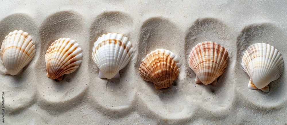 Poster a row of shells rests on sandy ridges, providing a design-ready copy space image in a top-down persp