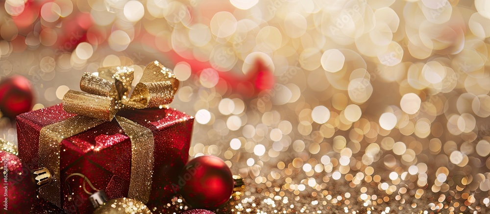 Aufkleber Festive red Christmas gift box on a golden bokeh background with decorations and baubles, providing space for an image. Copy space image. Place for adding text and design