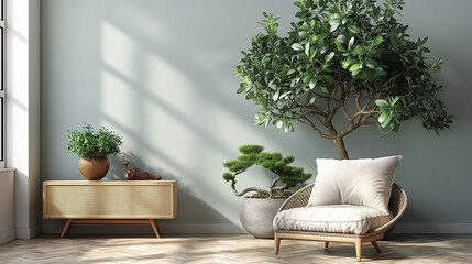 beautiful olive tree in a white pot, tall and full with green leaves, a large tree in front of a light colored wall, modern home decor, a wicker sideboard, a wooden chair,