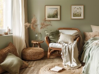 A cozy bedroom with a large window, wooden furniture, and a warm color scheme.