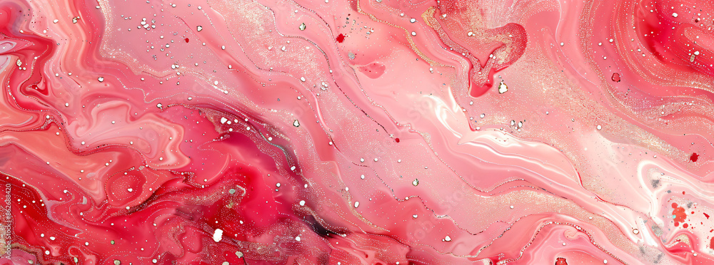 Poster a beautiful abstract background of pink and red marble texture with glittery swirling patterns and s