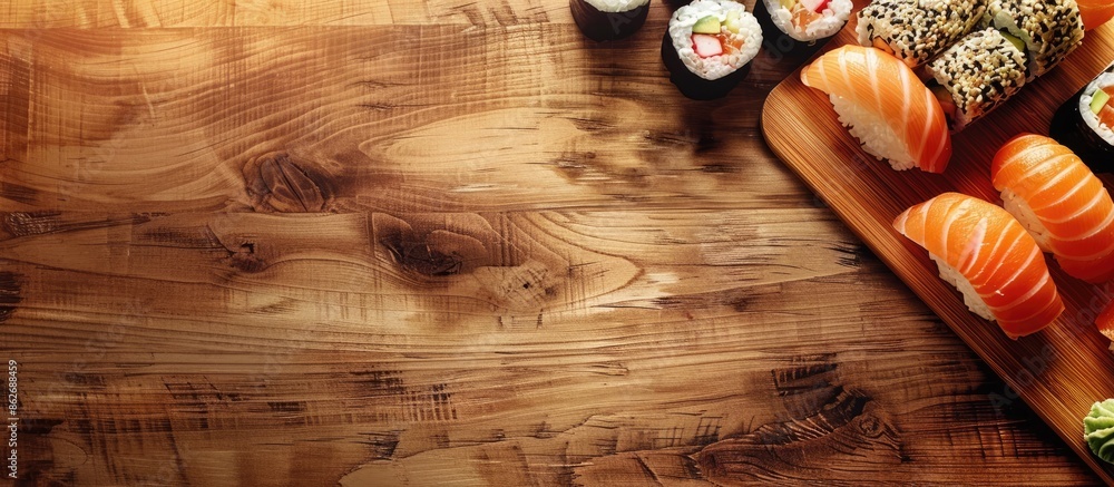 Aufkleber top view of sushi on a wooden table with ample copy space image.