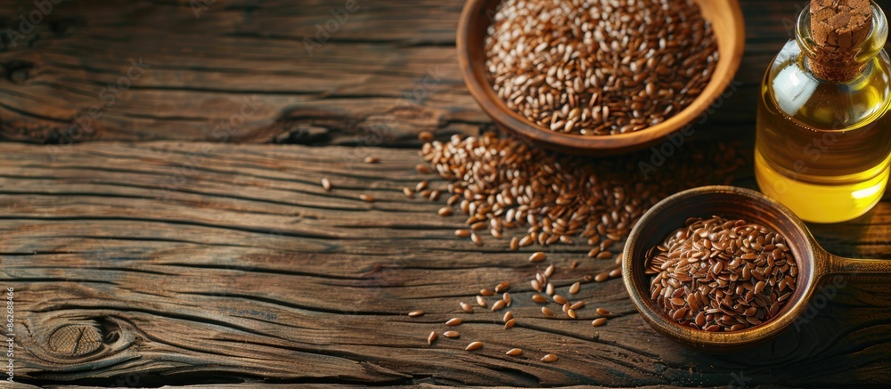 Aufkleber top view close-up of a wooden background with a bowl of flax seeds and a glass bottle of flaxseed oi