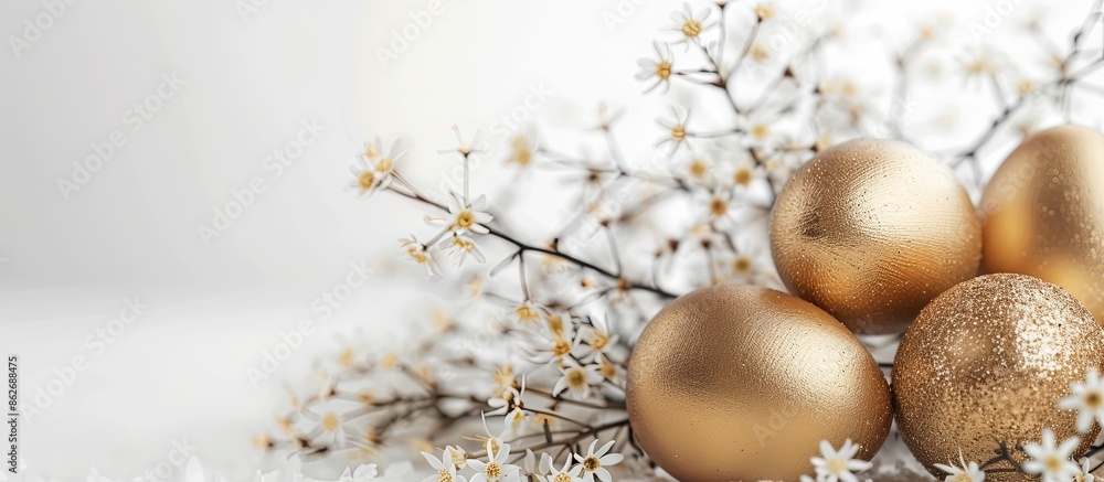 Poster minimalistic easter concept presented with golden eggs against a white backdrop, suitable for copy s