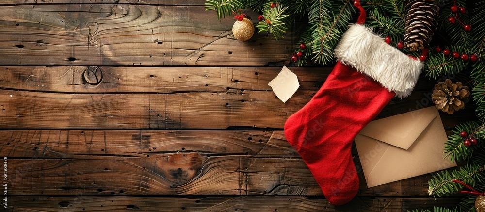 Poster a festive christmas stocking and a letter placed on a rustic wooden backdrop, with a blank copy spac