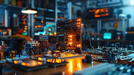 Shallow Depth of Field Workspace with Powered Planetary Circuits and Blurred Background