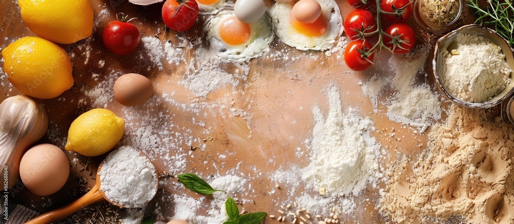 Poster Ingredients spread out on a table with copy space image for an online recipe.
