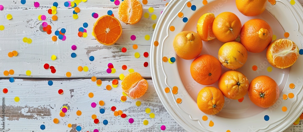 Poster A close-up shot features a plate of tangerines and colorful confetti on a white wooden surface, with ample copy space image for the after-party scene.