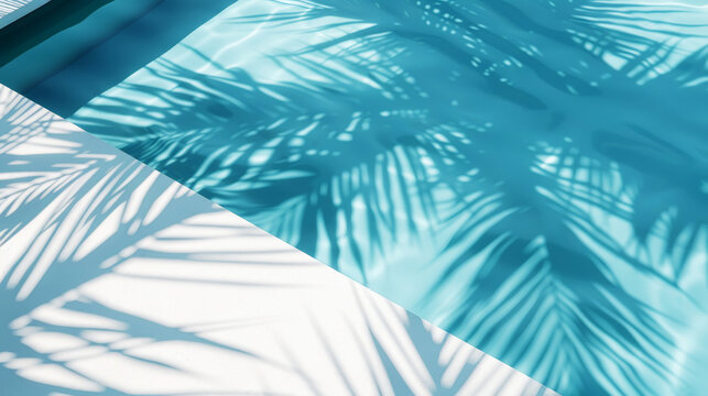 Aesthetic top view of the edge of a swimming pool with shadows of palm trees, summer vibes. Generative AI