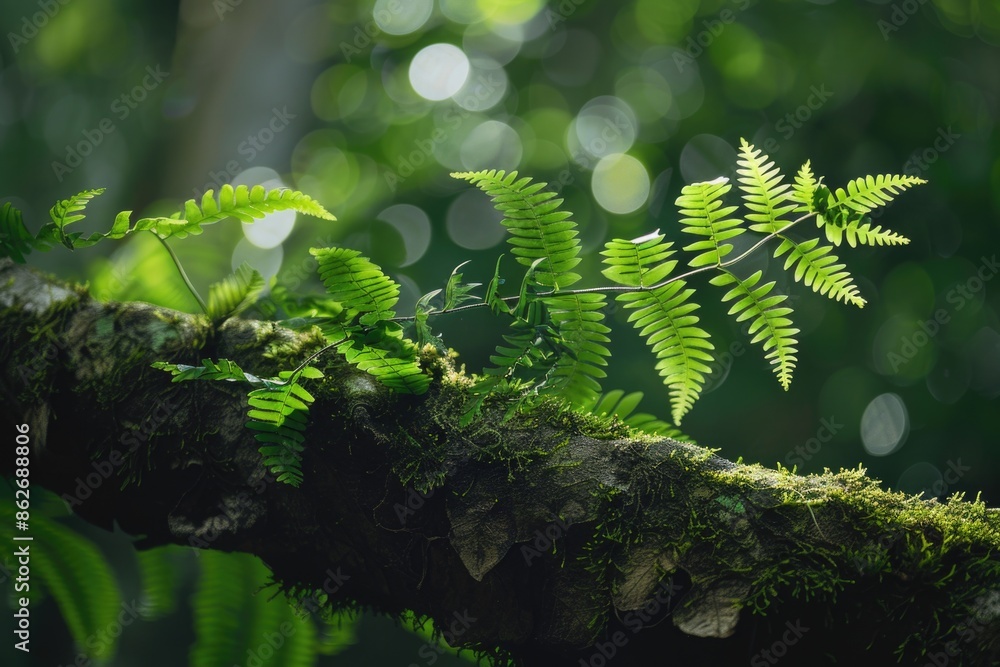 Poster a leafy branch with green leaves and a fuzzy mossy appearance. the branch is hanging over a tree and