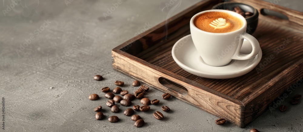 Aufkleber selective focus on a steaming cup of cappuccino coffee presented on a wooden tray with coffee beans 