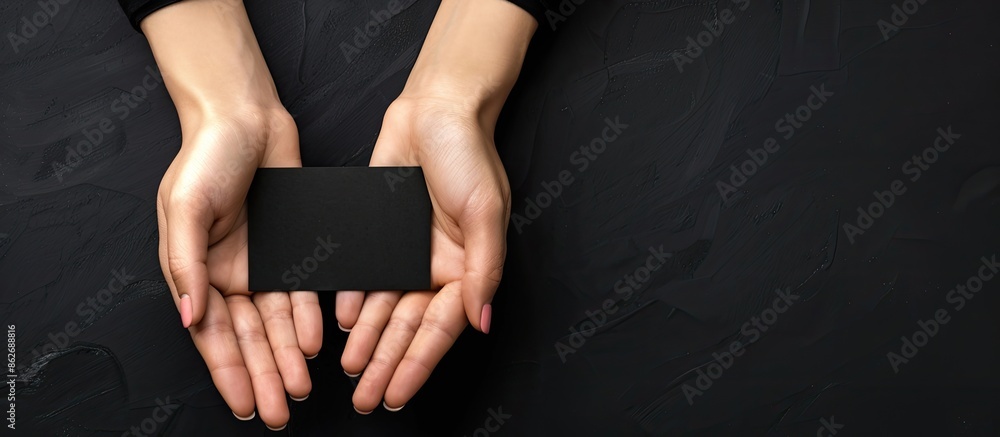 Poster a woman's hands displaying a black business card with copy space image.
