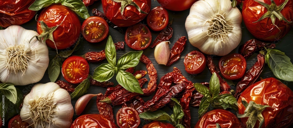 Poster circular grid with sun-dried red tomatoes, garlic, and italian herbs, perfect for text. ideal for fo