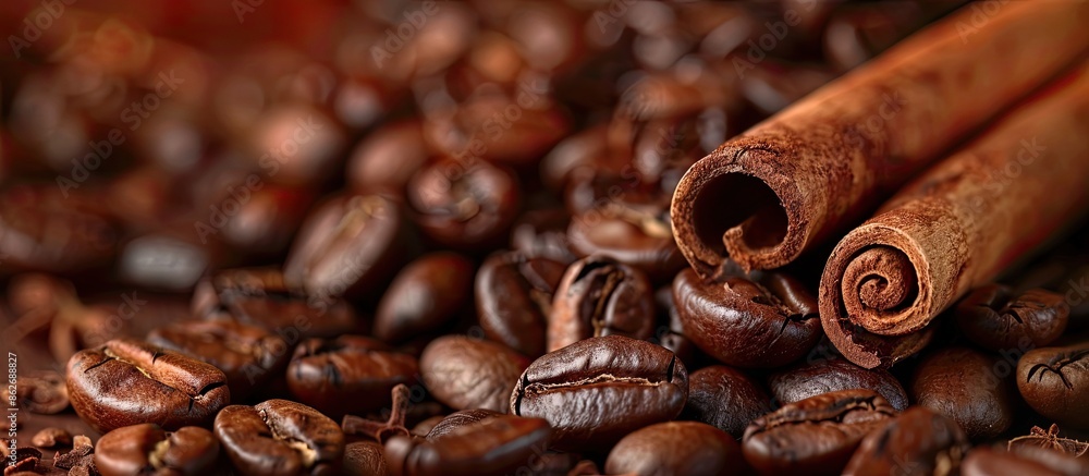 Poster closeup shot of aromatic coffee beans intertwined with cinnamon sticks against a background with amp