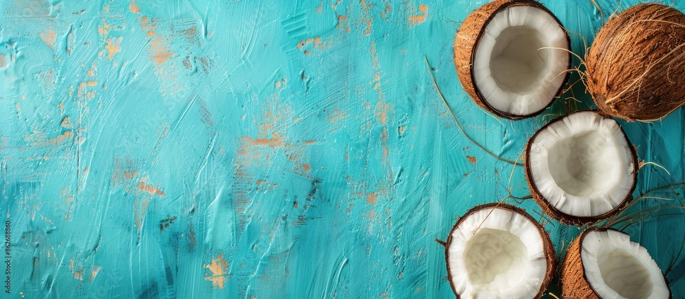 Poster Fresh coconut halves arranged on a blue table with a designated space for your design - copy space image.