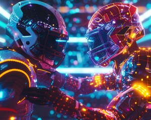 High-tech sports players demonstrating fair play, sharing a moment of mutual respect under the glow of neon lights and advanced tech screens