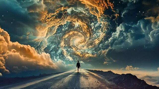 A lone figure before a cosmic swirl, where earth&rsquo;s path meets the galaxy