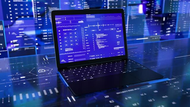 Laptop Info data HUD desk 3D technological display server room Information internet Security 2D animation Sci Fi Heads up display User Interface