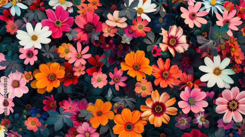 Poster a colorful bouquet of flowers with a variety of colors and sizes. the flowers are arranged in a way 