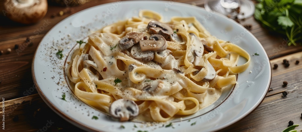 Poster a delectable plate of pasta smothered in mushroom sauce displayed on a rustic wooden surface. ample 