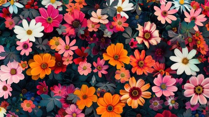 Obraz premium A colorful bouquet of flowers with a variety of colors and sizes. The flowers are arranged in a way that creates a sense of depth and movement. Scene is cheerful and vibrant