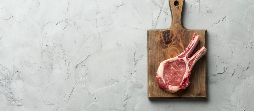 Top view of a butchered lamb chop steak on a cutting board against a gray background with an area for text or image insertion. Copy space image. Place for adding text and design