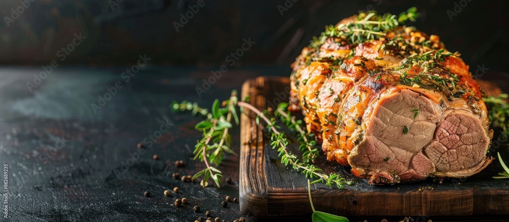 Aufkleber oven-roasted pork joint garnished with thyme and sage, ready to serve, with ample copy space against