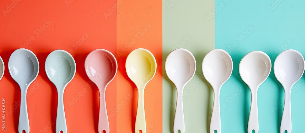 Poster Clear ceramic serving spoons arranged neatly on colorful background with ample blank area for text, captured in a top-down perspective view.