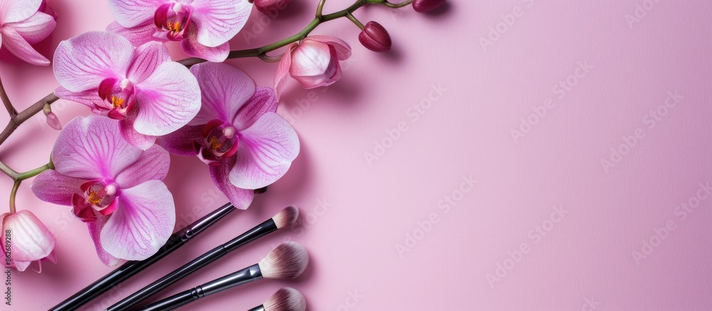 Poster Pink background with makeup tools displayed alongside an elegant orchid flower, creating a visually pleasing copy space image.
