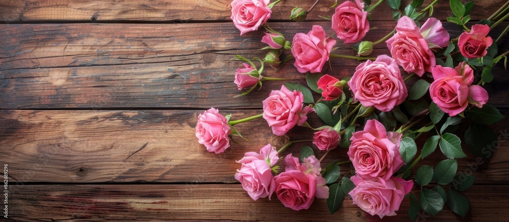 Aufkleber Pink roses arranged beautifully on a wooden backdrop with space for text or graphics in the image. Copy space image. Place for adding text and design