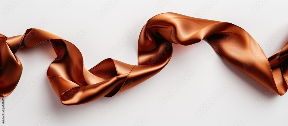 Poster Flat lay of a shiny brown silk ribbon against a white background, creating a festive atmosphere in the copy space image.