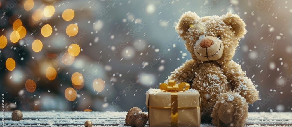 Poster space for text amid a teddy bear and a gift box in the image. copy space image. place for adding tex