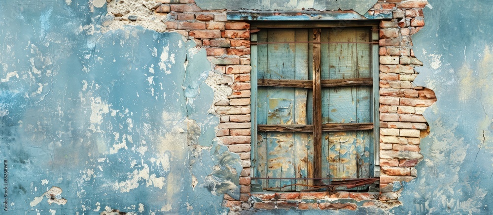 Poster a weathered wall featuring a brick window against a backdrop of blank space, perfect for adding imag