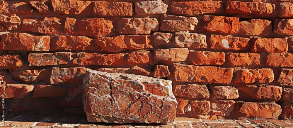 Aufkleber A stunning horizontal pattern of orange or red brick wall serves as a beautiful backdrop with a close-up of a red stone block in a home setting, creating an ideal copy space image.