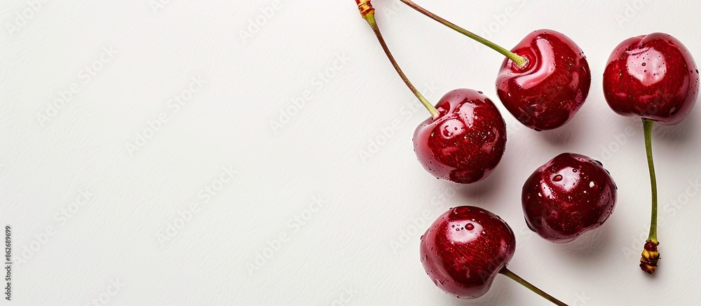 Poster close-up image of four cherry berries on a white background with copy space image.