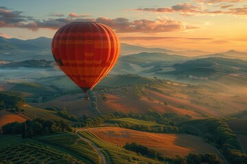 Obraz premium A majestic hot air balloon floating over a picturesque landscape of rolling hills and fields at dawn. 