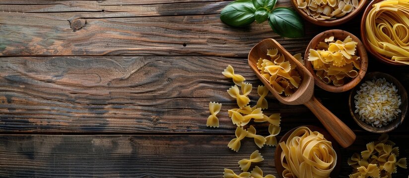 A horizontal image showing various uncooked pasta types in a wooden ladle on a wooden table, with available copy space on the side.