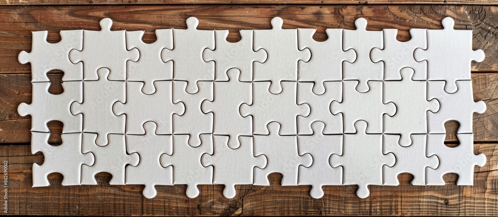 Poster A wooden surface showcasing a set of blank white puzzle pieces arranged neatly in a flat lay style with ample room for adding text, creating a copy space image.