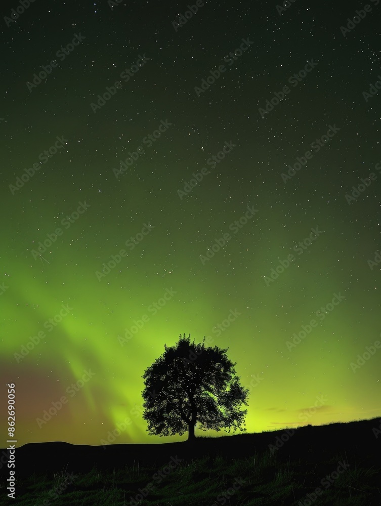 Aufkleber a tree is silhouetted against a dark sky with a green aurora. the aurora is glowing brightly and the