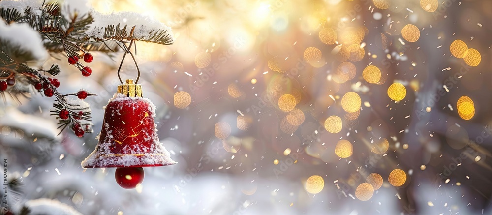 Aufkleber a red christmas bell is dangling from a snowy tree branch amidst a festive backdrop of white snow, g