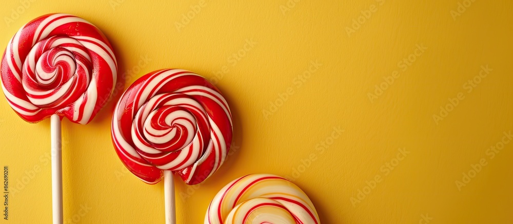 Poster vibrant swirl lollipops on yellow backdrop with copy space image.