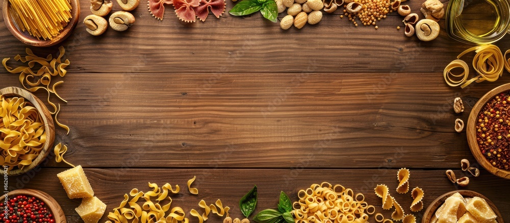 Poster Wooden background with various pasta ingredients arranged around a copy space image in a top-down view for a food-themed frame.