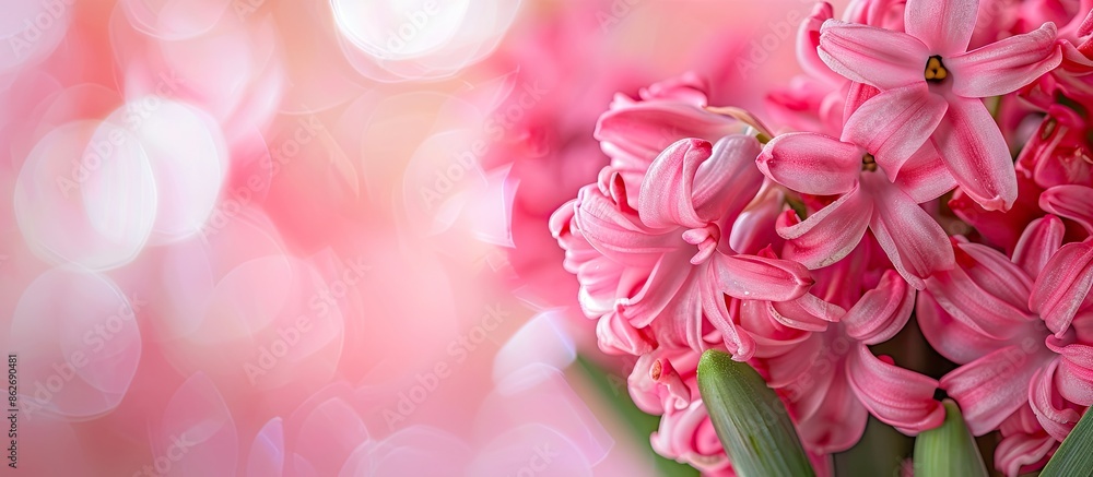 Poster close-up of a vibrant pink hyacinth flower in a banner layout with room for text and a copy-space im