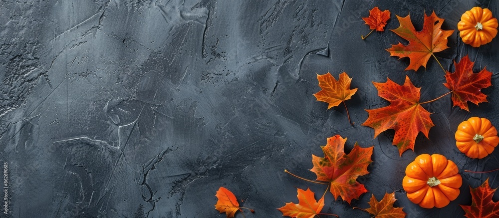Poster autumn maple leaves along with small orange pumpkins set against a dark gray background with copy sp