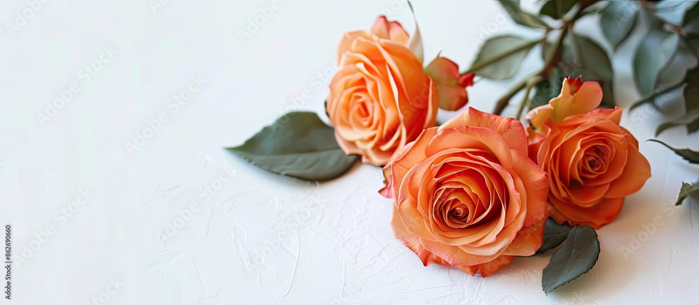 Poster roses in orange color on a white backdrop with copy space image available.