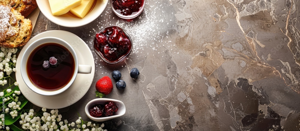 Poster delicious and nutritious breakfast with coffee, jam, and butter, displayed in a captivating copy spa