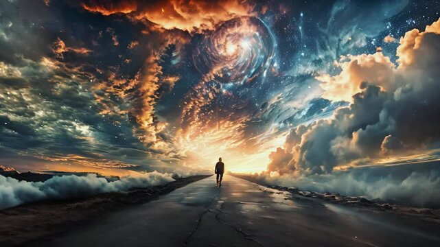 Surreal blend of road, sky, and galaxy, man faces the universe&rsquo;s wonders