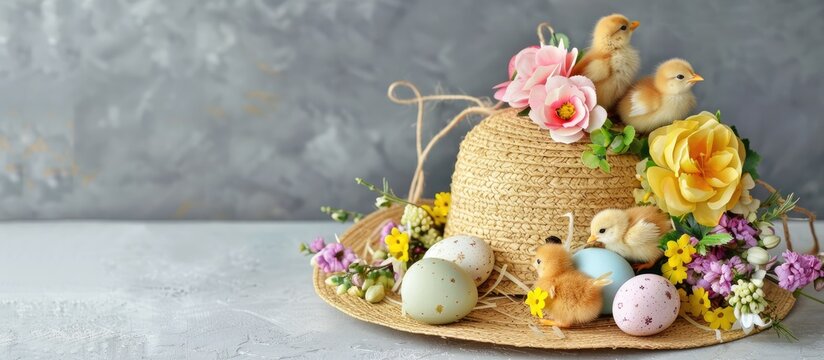 Easter-themed straw hat with flowers, chicks, and eggs, perfect for a festive copy space image.