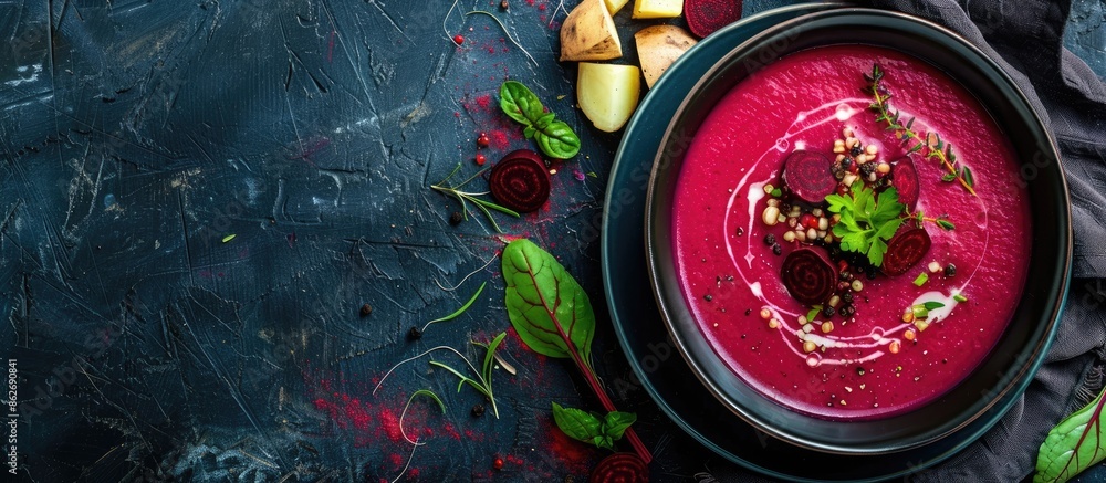 Poster Rustic top-view copy space image of a healthy first course, beetroot cream soup with beets, leeks, and potatoes arranged for a meal or snack.