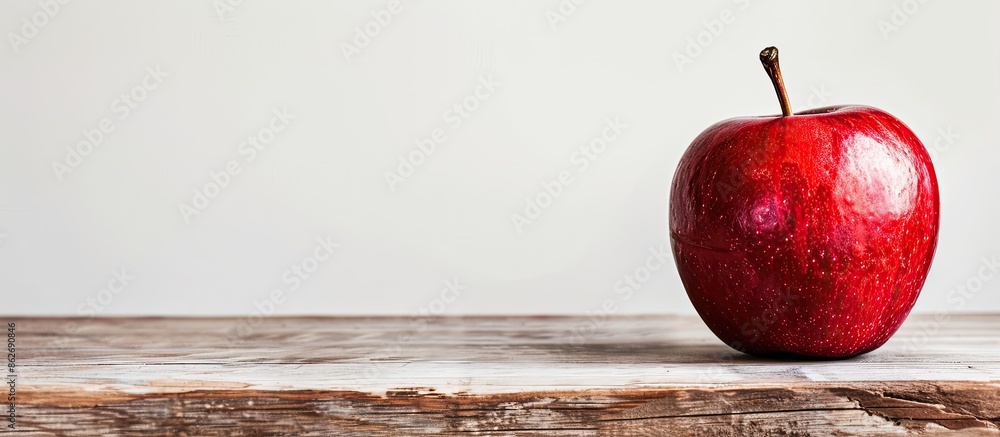 Poster red apple placed on a wooden table against a white background, perfect for a copy space image.